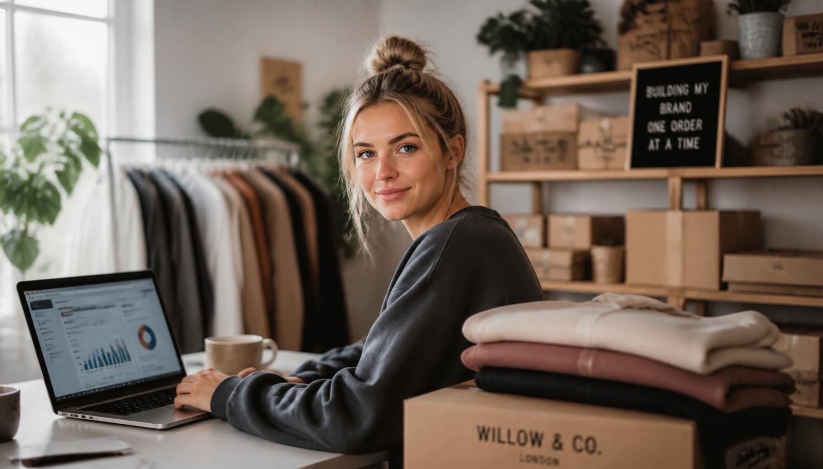 A UK online shop owner reviewing product numbers at her desk beside stock and shipping boxes